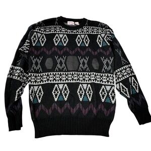 VTG Campus Tall LT Leather Elbow Patch Fair Isle Knit Sweater Nordic 90s